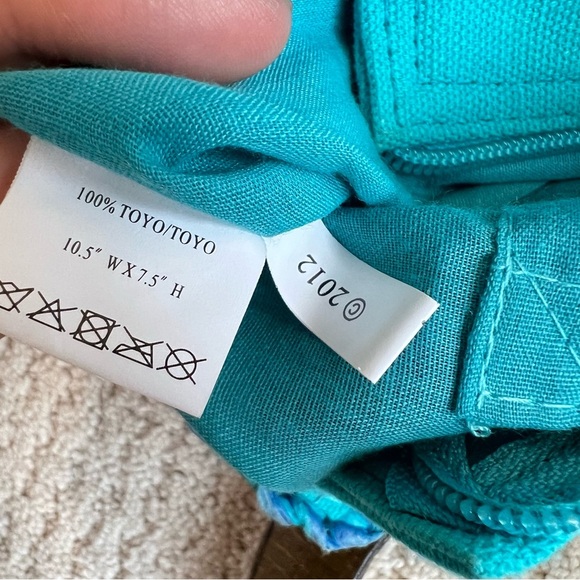 CAPPELLI STRAWORLD Turquoise Crochet Toyo Straw Wooden Grip Satchel Tote Handbag - Picture 9 of 11